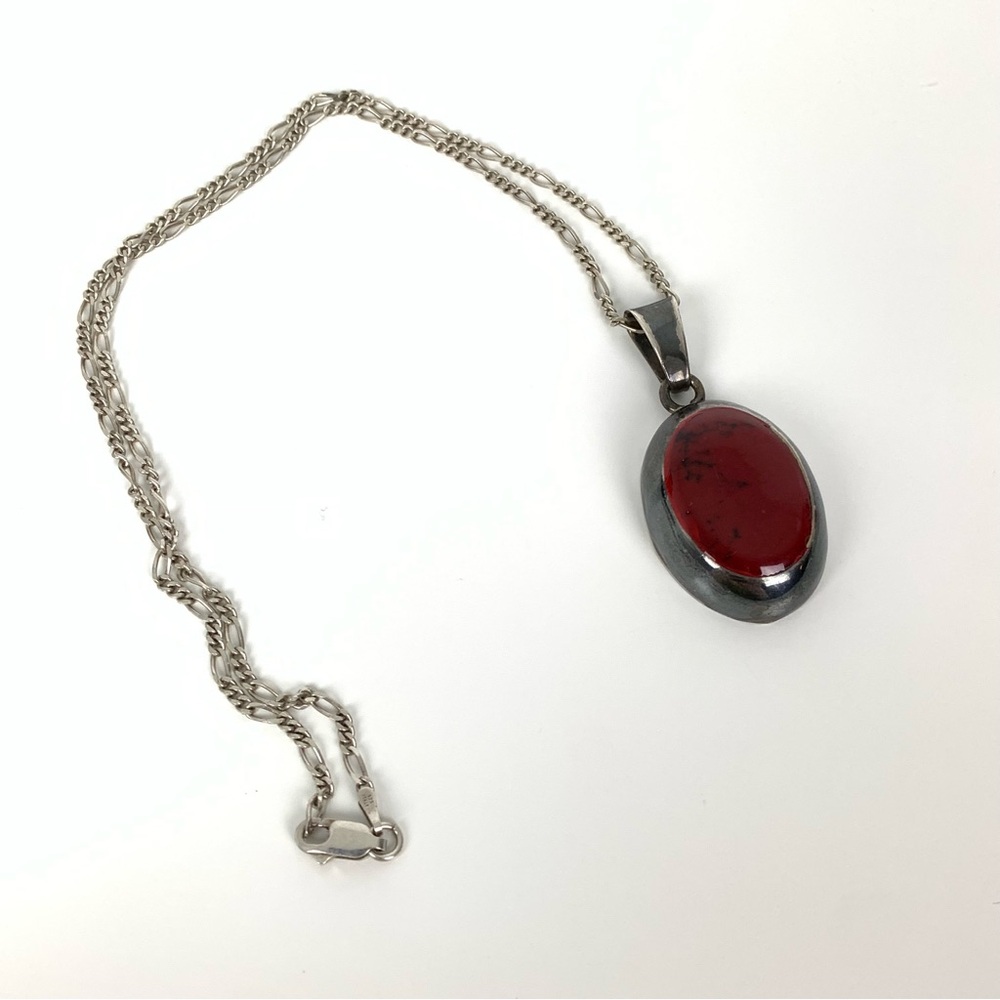 Sterling Silver Necklace Red Jasper Oval Stone 925 Mexico Vtg Dark Romantic